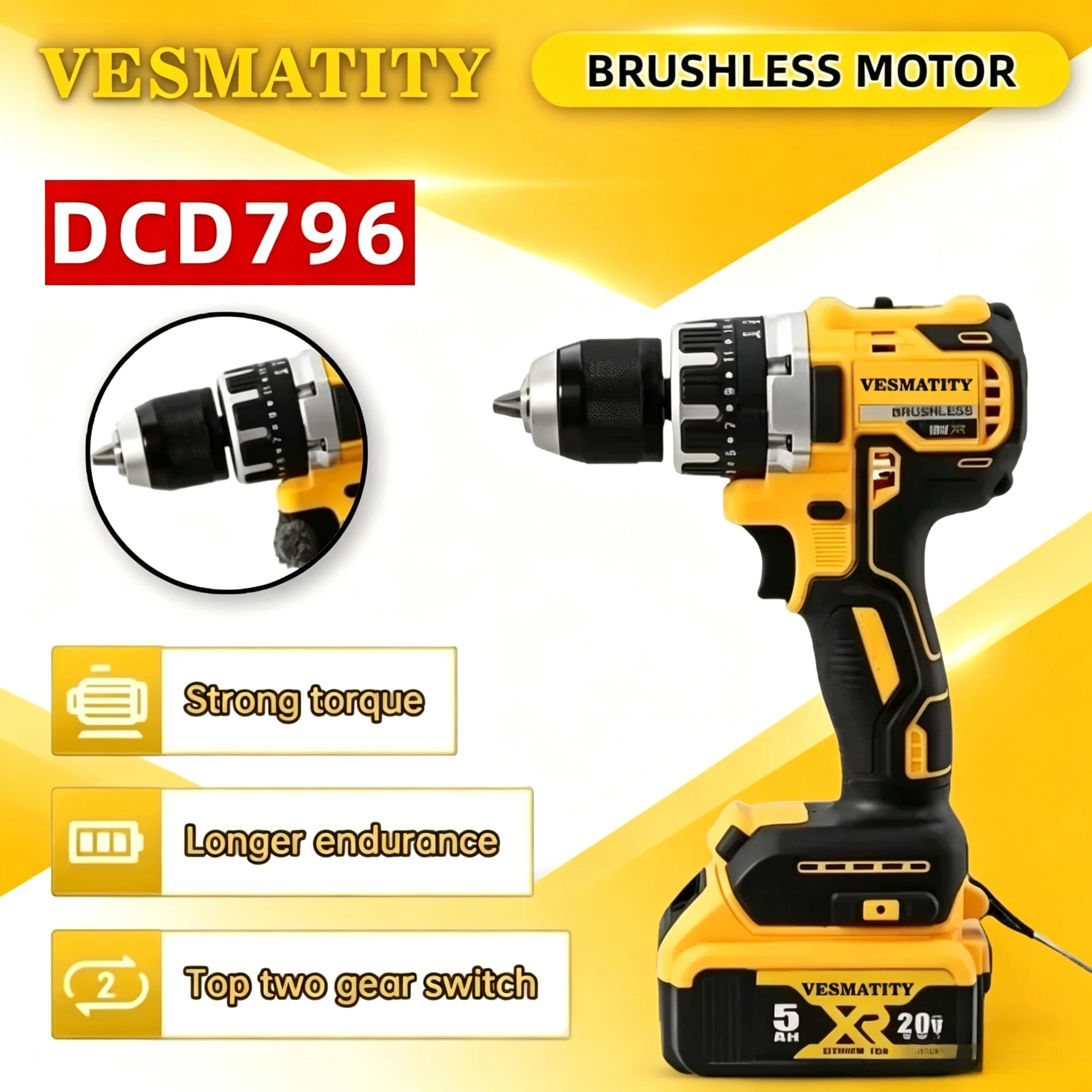 Power Tools Excel - DCD796 Brushless Impact Electric Drill Multifunctional